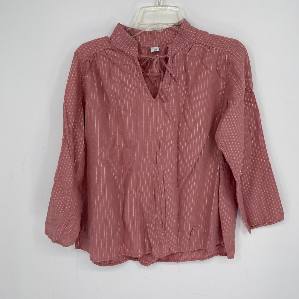 Old Navy Women's Pink Metallic Stripe Tie Neck 3/4 Sleeve Boho Top Blouse Size M